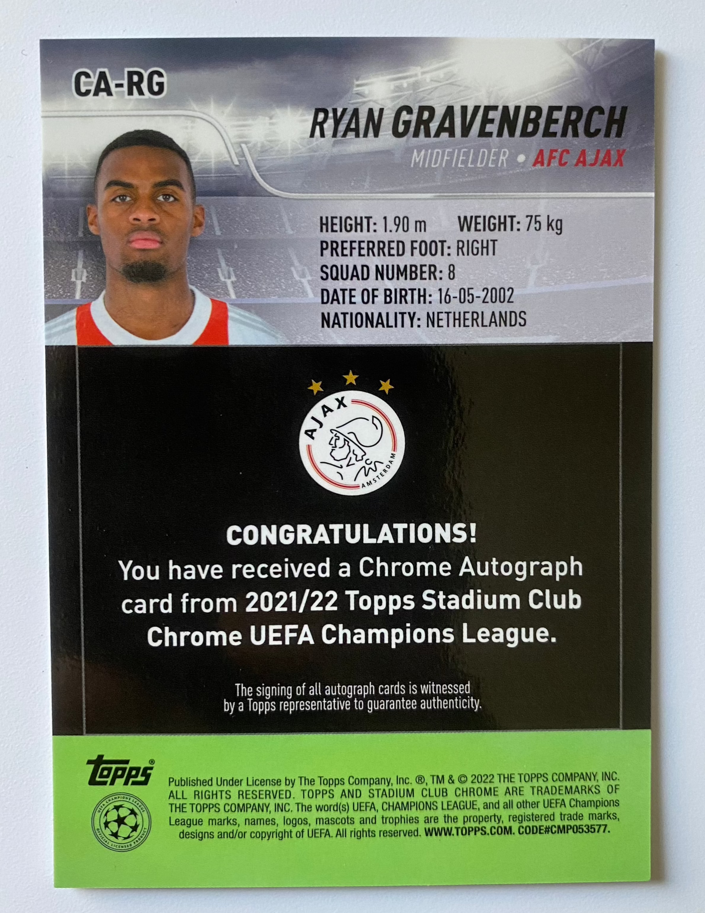 Ryan Gravenberch Auto (AFC Ajax) Topps Stadium Chrome
