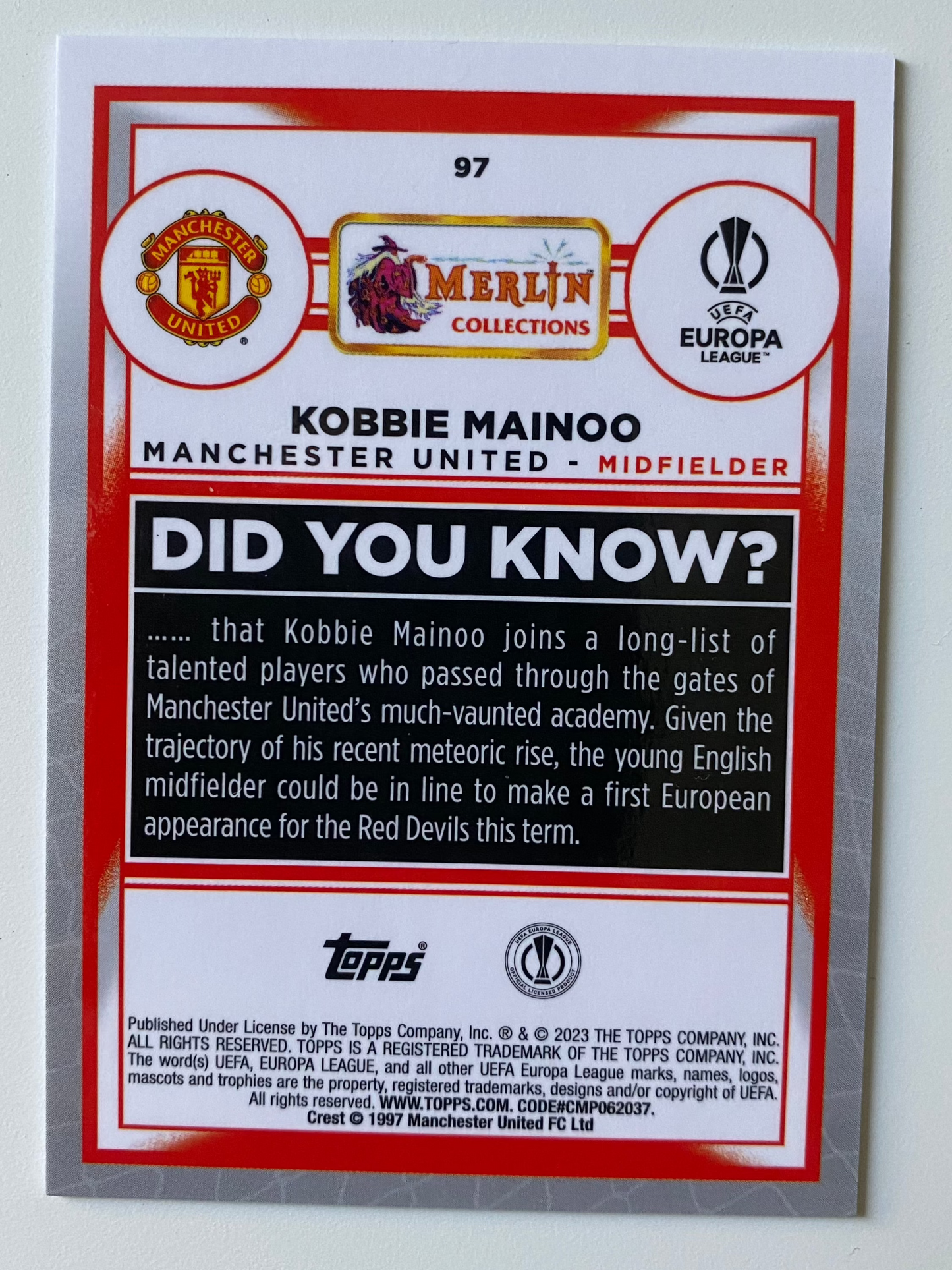 Kobbie Mainoo (Manchester United) - Gold Refractor - Rookie Card - Topps Merlin